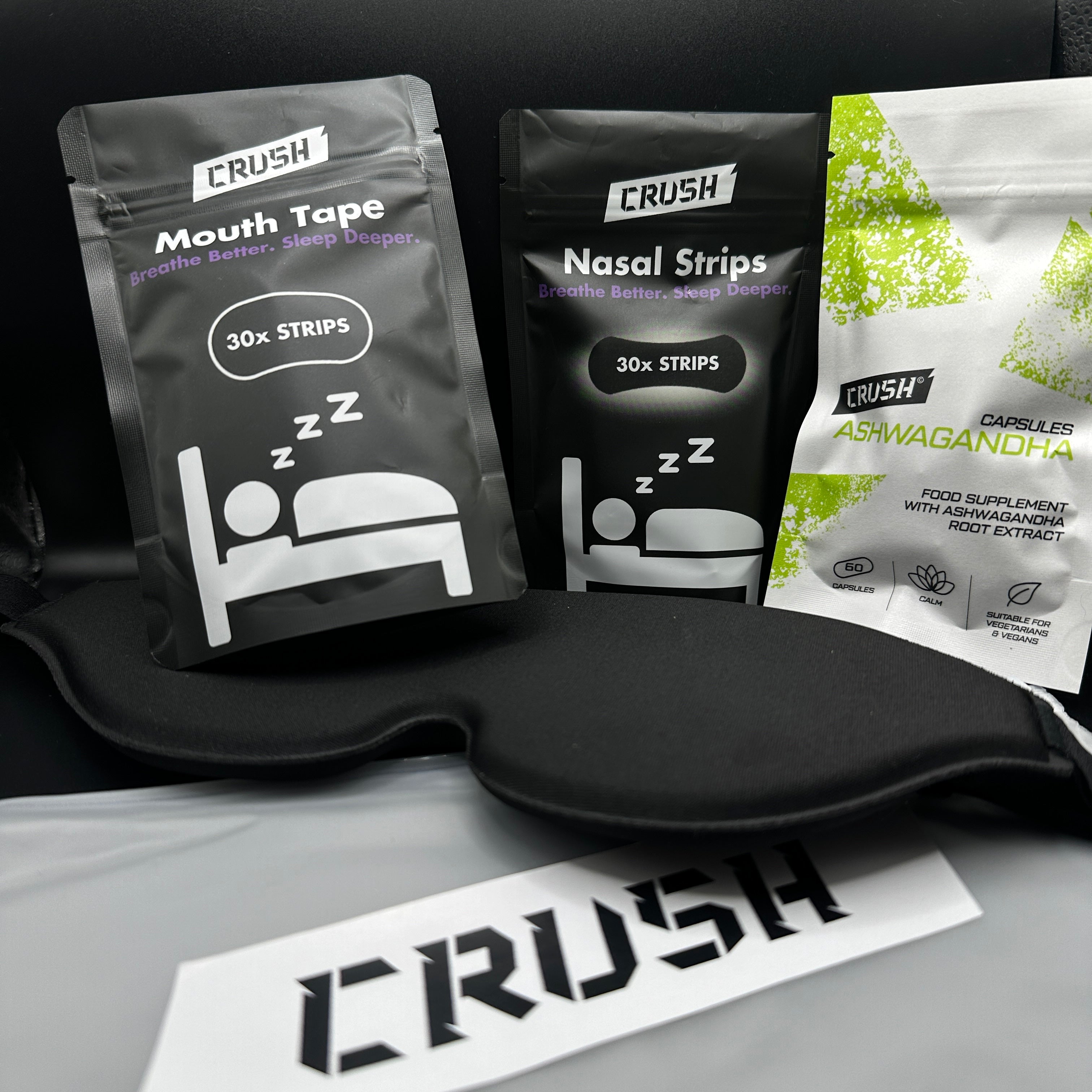 Sleep Like the Dead Bundle: Nose Strips + Mouth Tape + 3D Eye Mask + Ashwagandha Capsules